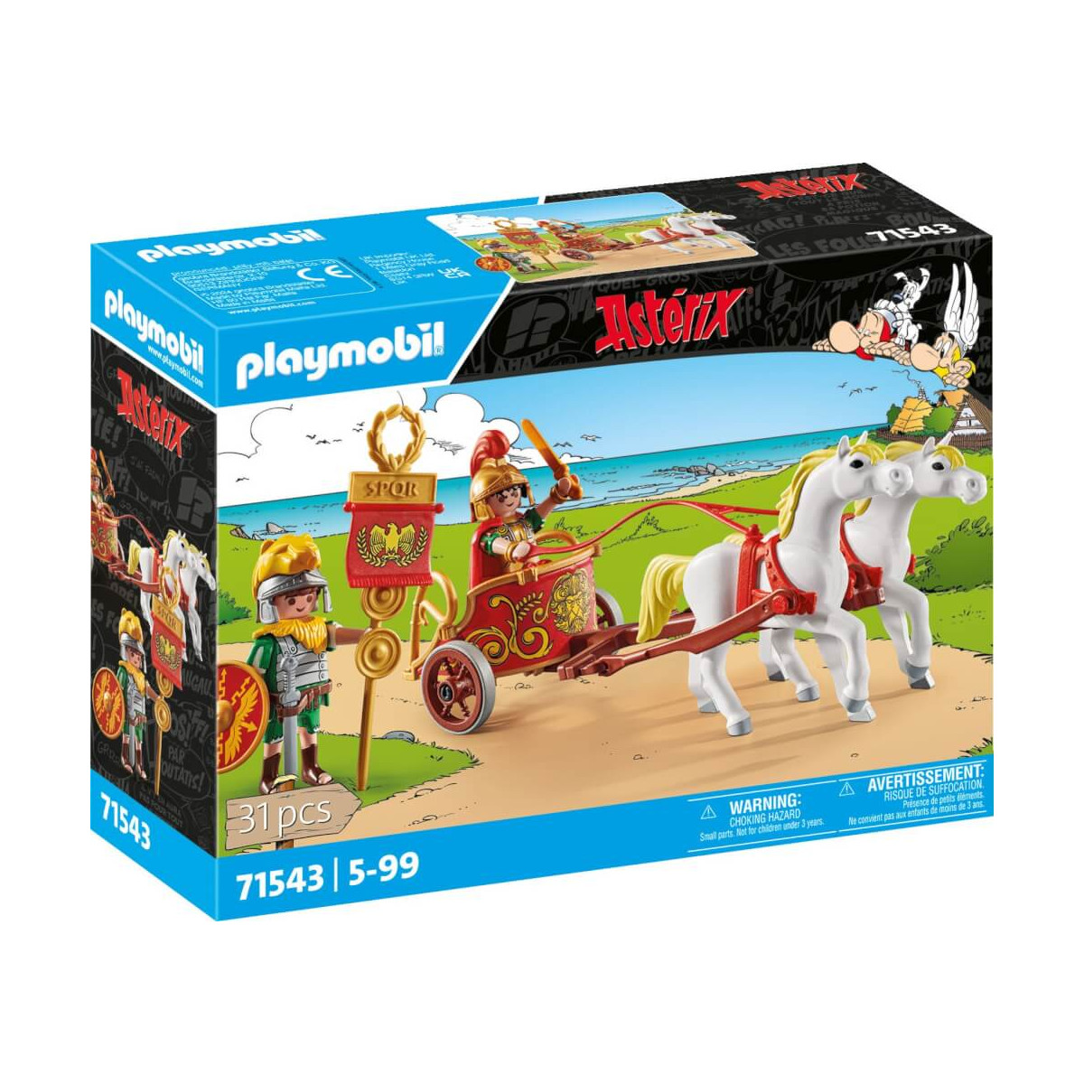Playmobil Asterix Set: Römischer Streitwagen mit zwei Pferden, Figuren und bunter Landschaft auf der Verpackung.