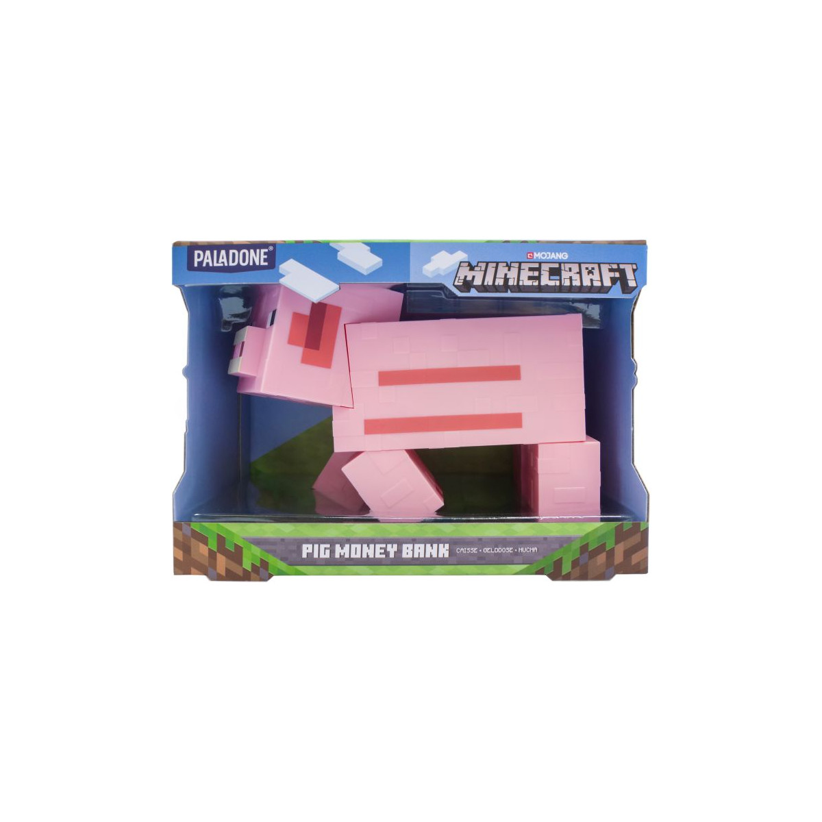Spardose im Minecraft-Schweinedesign in einer Verpackung mit Paladone-Logo.