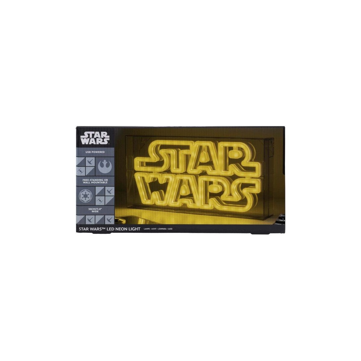 Gelbes Star-Wars-Neonschild in schwarzer Box mit Star-Wars-Logos und -Branding auf der Verpackung.