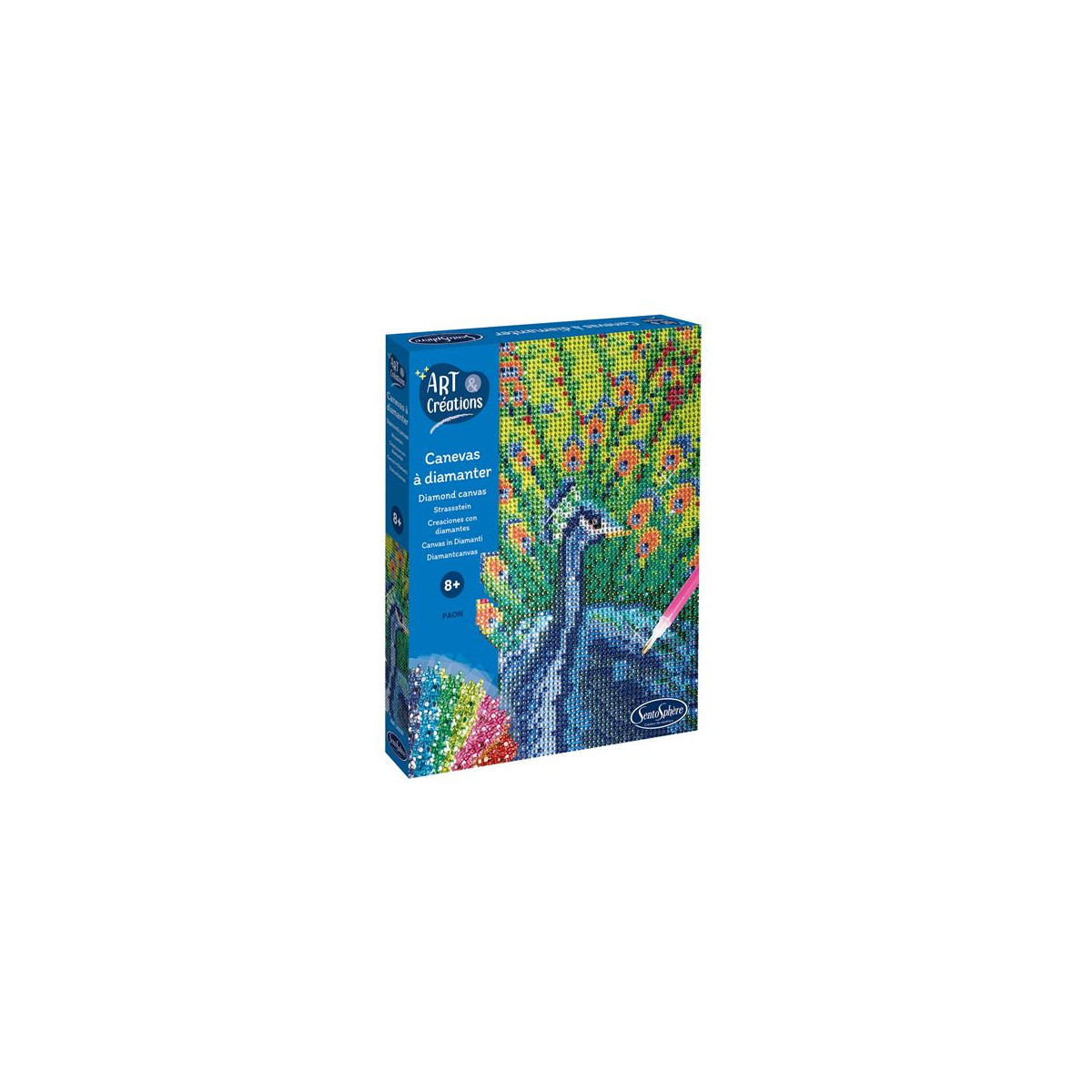 Diamond-Art-Set in blauer Box mit buntem Pfauenmotiv, inklusive Stylus und Perlen.