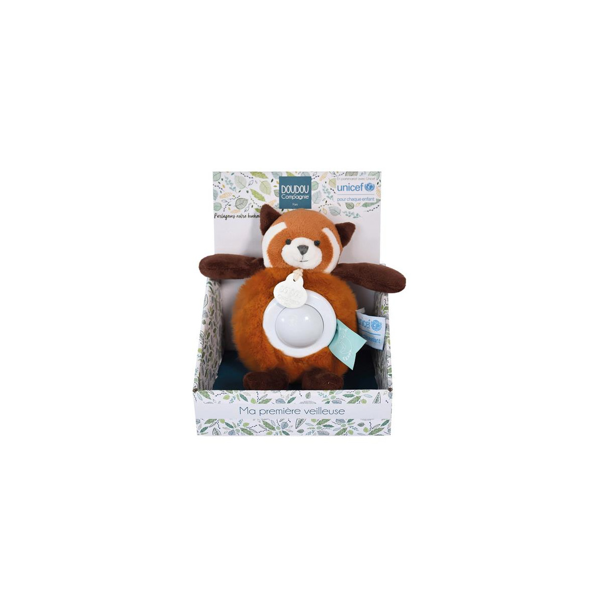 Rotes Panda-Plüschtier mit Schnuller in Schachtel, Etikett und blättrigem Hintergrunddesign.