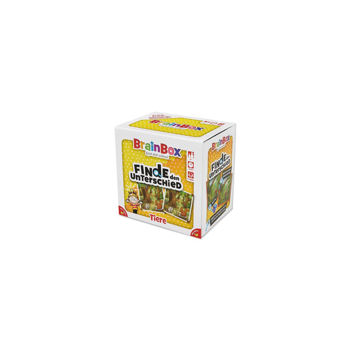 Gelbe BrainBox "Finde den Unterschied" Tier-Spielbox mit Tierillustrationen auf weißem Hintergrund.