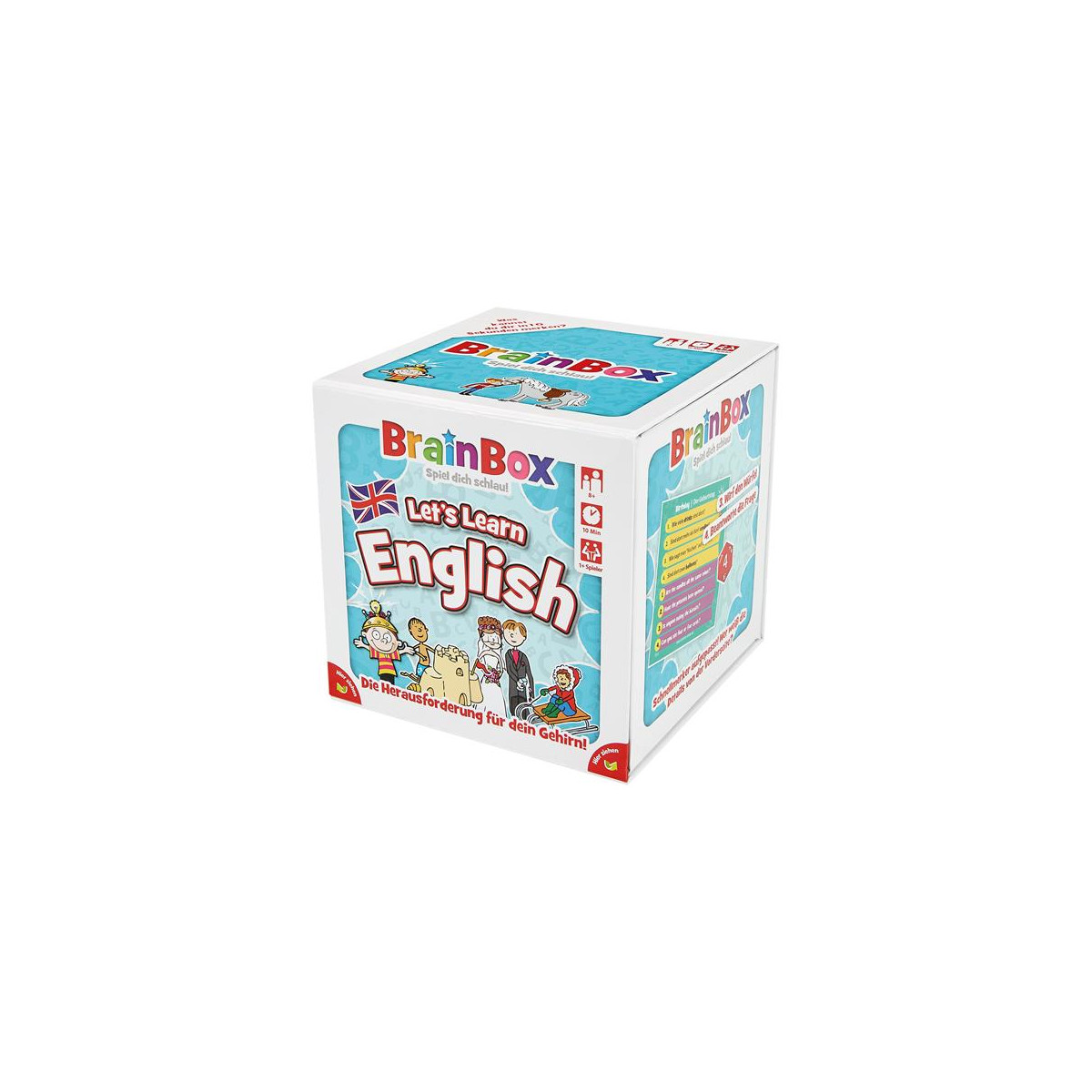 Box der BrainBox „Let's Learn English“ mit Cartoon-Kindern und britischer Flagge auf dem Cover.