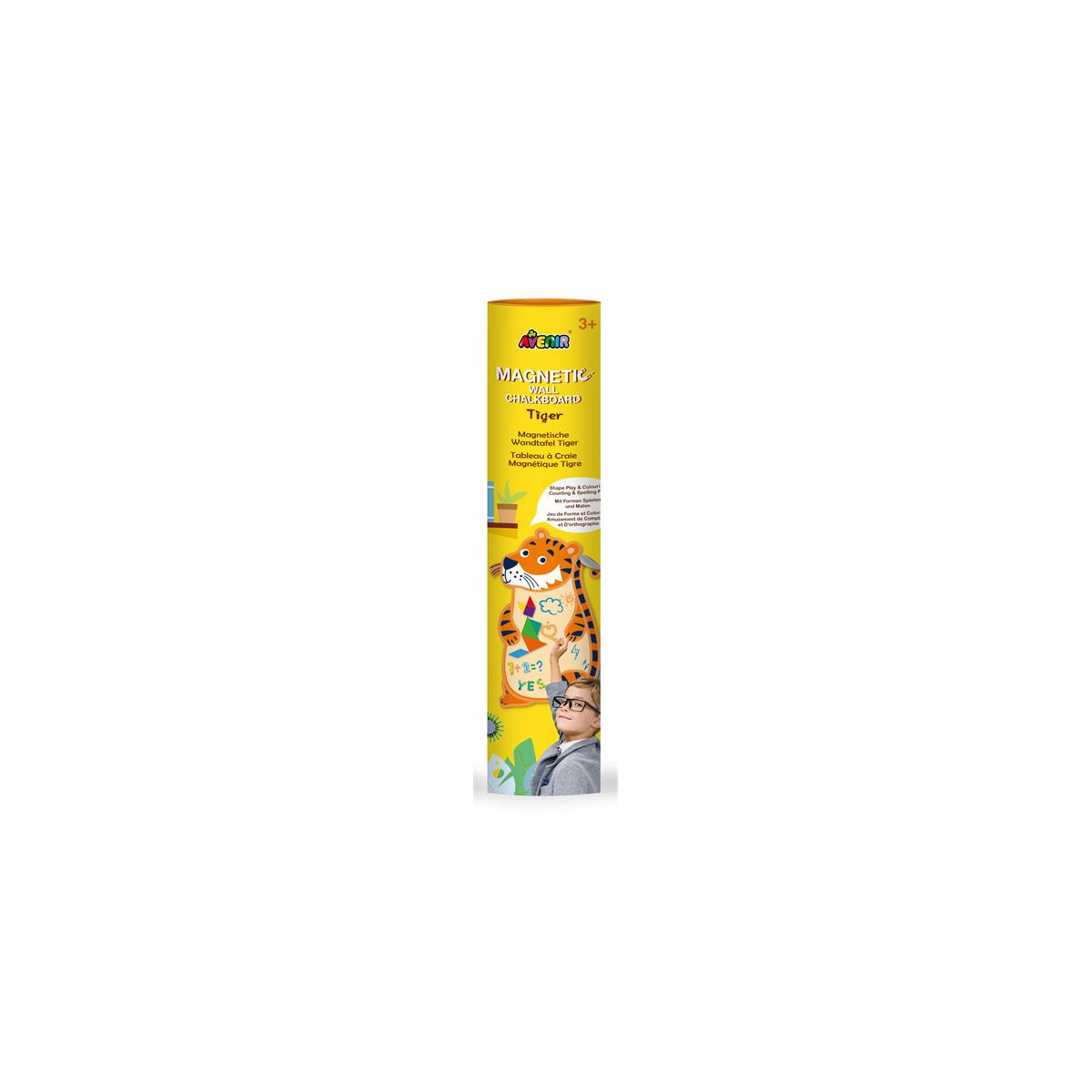 Gelbe Box mit Tiger-Gesicht, beschriftet: Magnetische Wachstumstabelle für Kinder ab 3 Jahren.