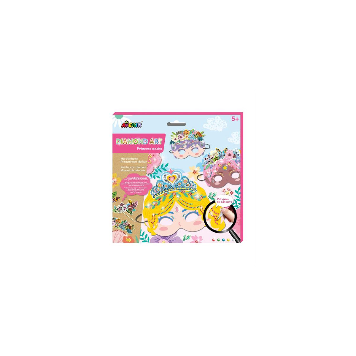 Diamond Art Prinzessinnen-Masken-Set mit bunten Masken und funkelnden Edelstein-Dekorationen.