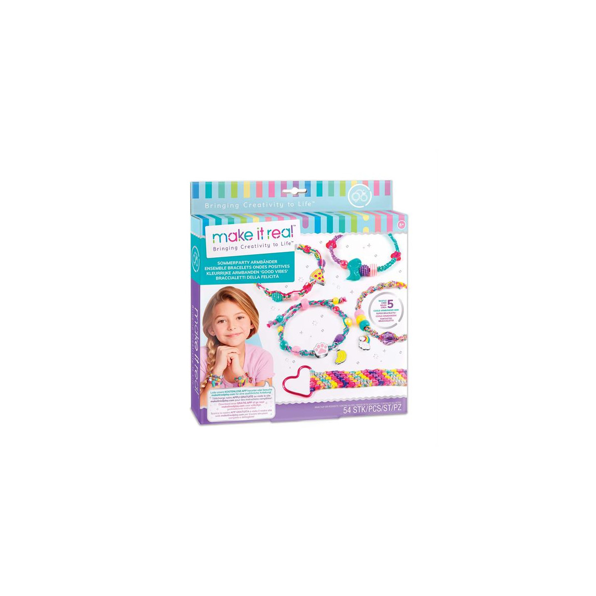 Make It Real Armband-Set mit 64 Teilen, bunten Armbändern und lächelndem Mädchen auf der Verpackung.