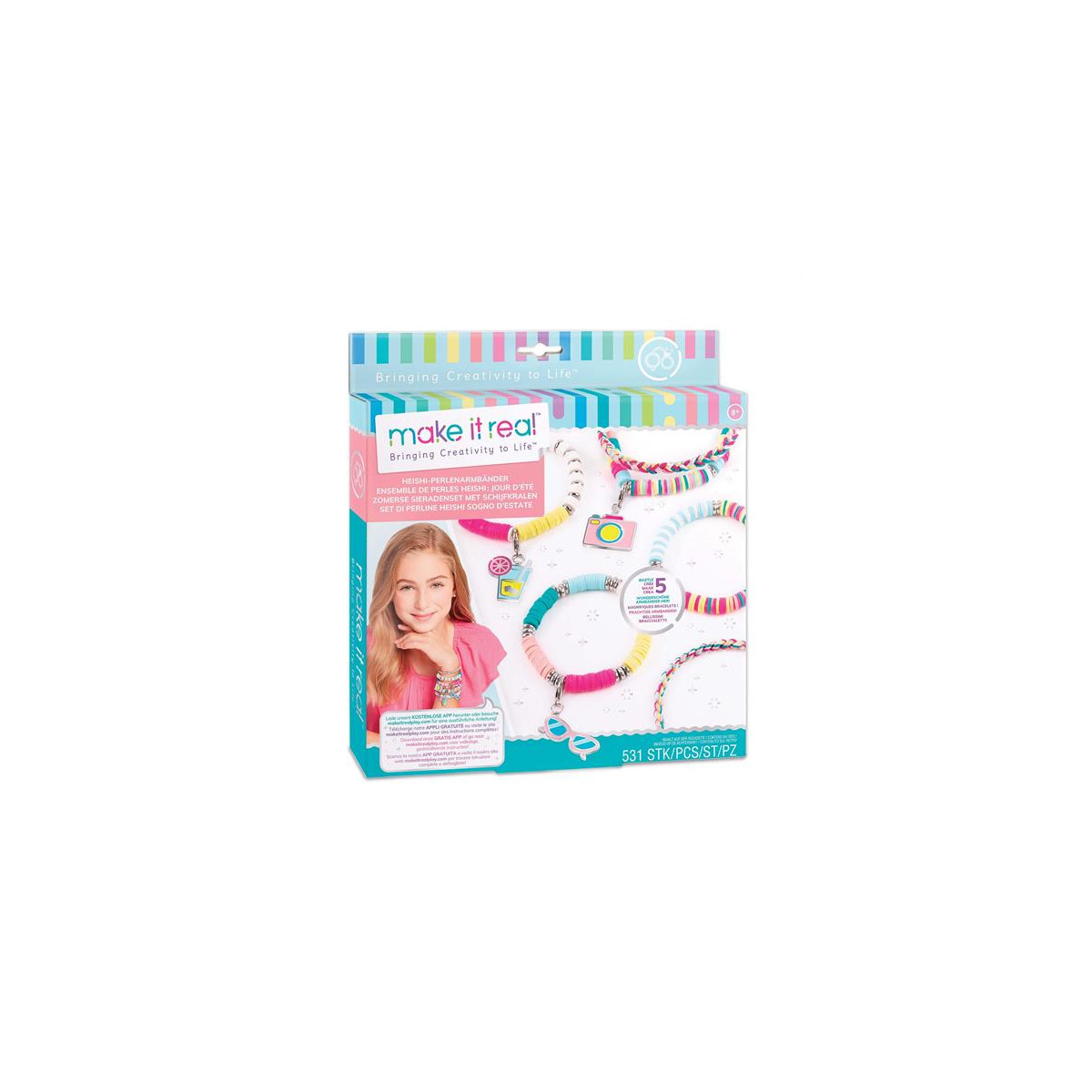 Make It Real Unicorn Pillow-Set: Verpackung zeigt ein Mädchen und bunte Kissen im Einhorn-Design.