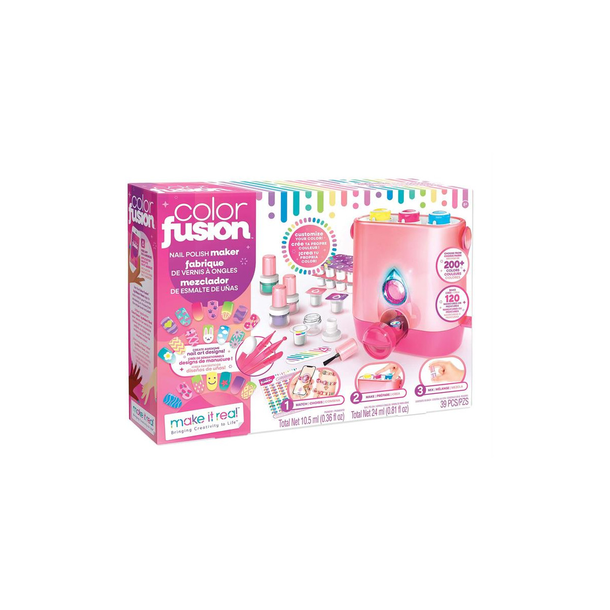 Color Fusion Nail Polish Maker Kit mit Abbildungen von Nageldesigns, Fläschchen und farbenfroher Verpackung.