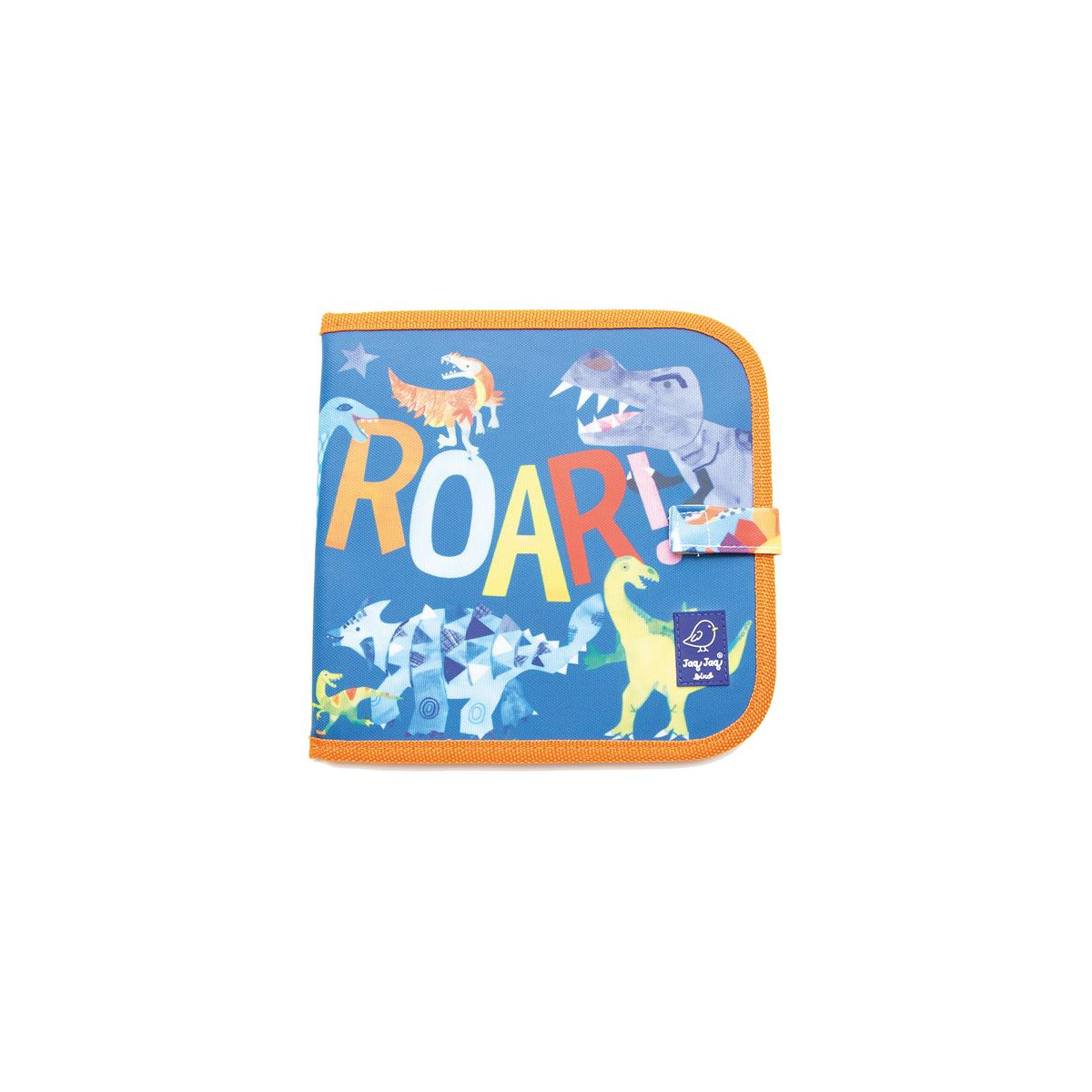 Blauer Kinderordner mit Reißverschluss, bunten Dinosauriern und dem Schriftzug „ROAR!“ auf der Vorderseite.