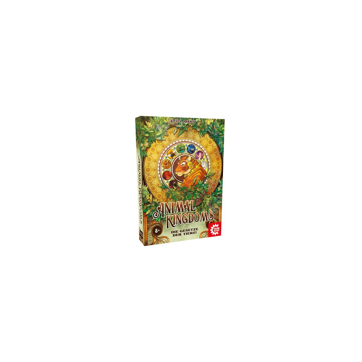 Schachtel des Brettspiels Animal Kingdoms mit farbenfrohen Tiermotiven und Blattverzierung.