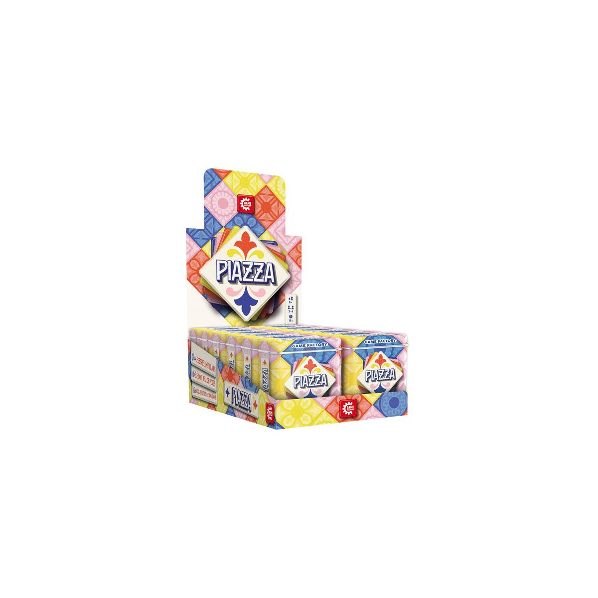 Bunte Piazza-Waffel-Snackbox mit dekorativen Mustern und großem, auffälligem Piazza-Logo.