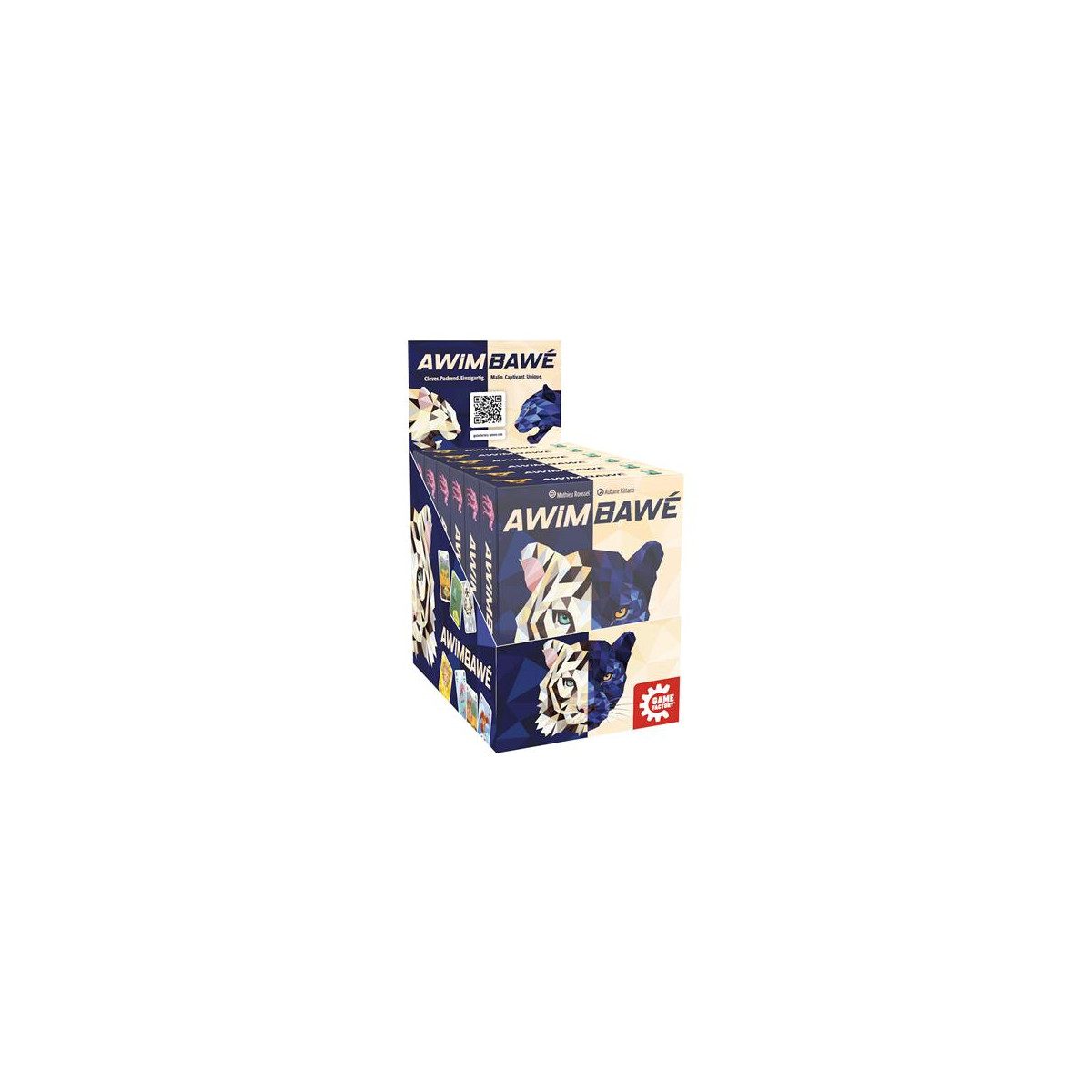 Awimbawé Kartenspiel in blau-beiger Box mit Tiermotiven auf der Verpackung.