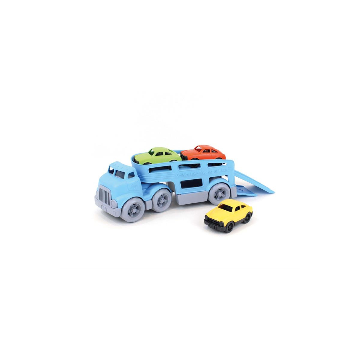 Blauer Spielzeug-Autotransporter mit drei bunten Autos und einem gelben Auto daneben.