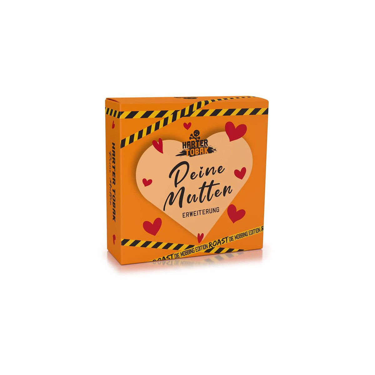 Orange Spielkartenbox mit roten Herzen, deutschem Text und gelbem Warnband an den Rändern.