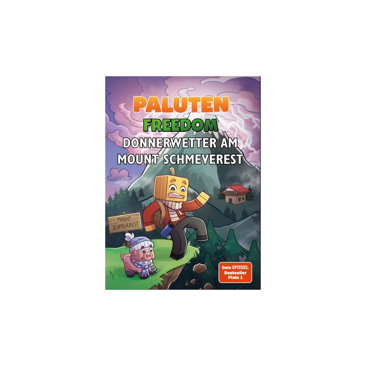 Cartoonmann und Schwein fliegen am Mount Schmeverest vor Blitz, Buchtitel: Freedom Donnerwetter.
