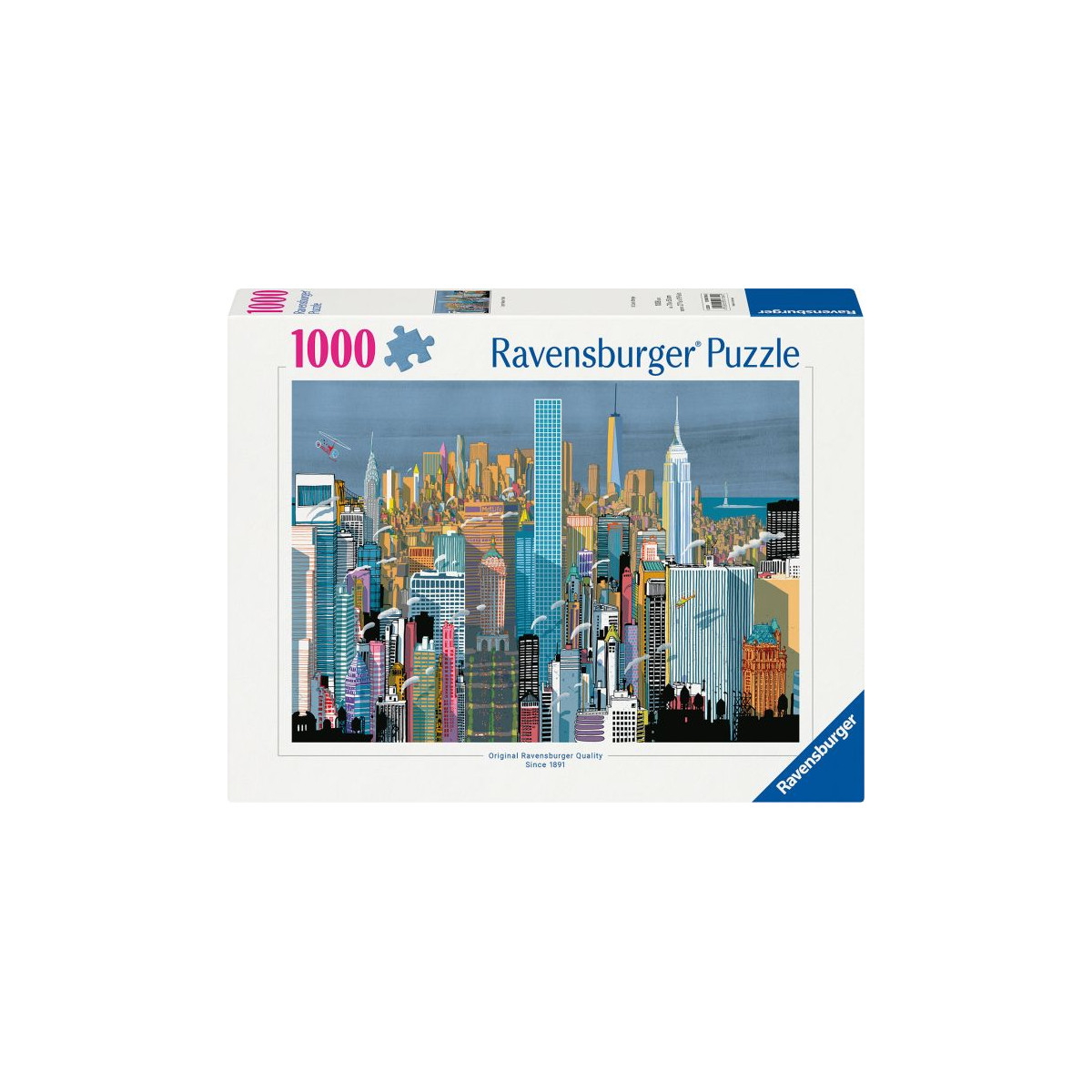 1000-teiliges Ravensburger Puzzle mit bunt illustrierter Stadtsilhouette auf der Verpackung.