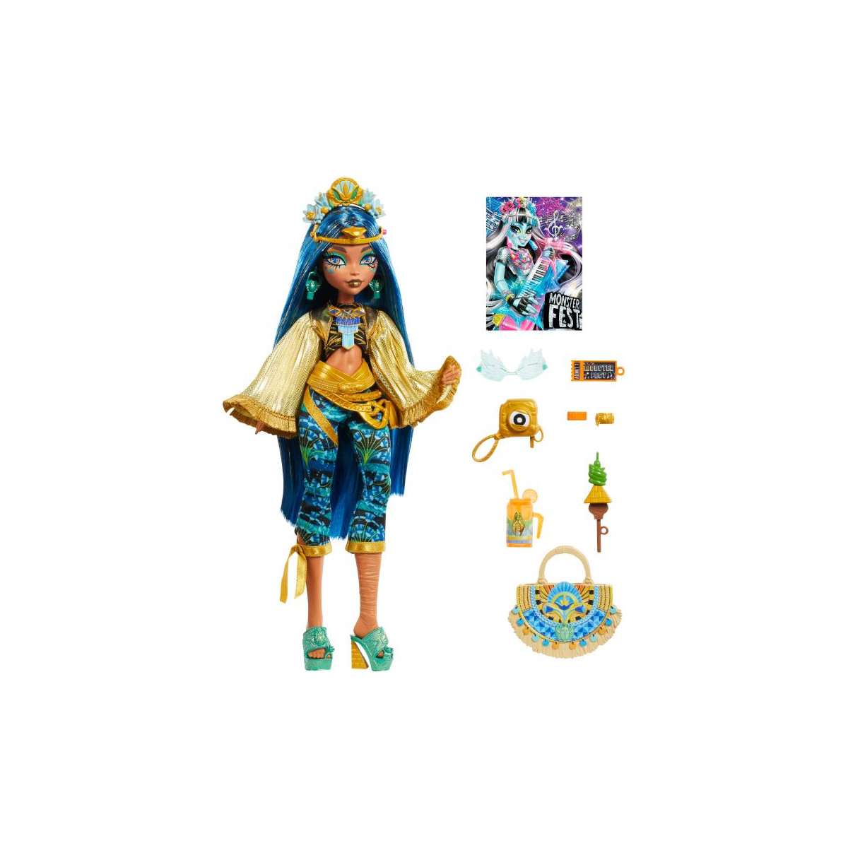 Modepuppe mit langen blauen Haaren, gold-blauem Outfit und Zubehör wie Tasche, Schuhe und passende Accessoires. Modepuppe mit langen blauen Haaren, gold-blauem Outfit und Zubehör wie Tasche, Schuhe und passende Accessoires.