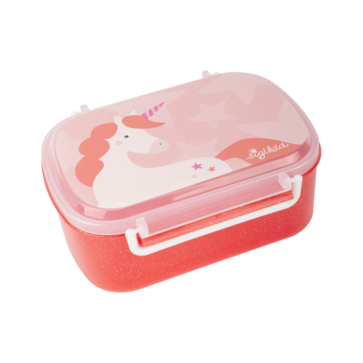 Pinkfarbene Lunchbox mit Einhorn- und Sternenmuster auf dem Deckel, weißen Seitenverschlüssen.