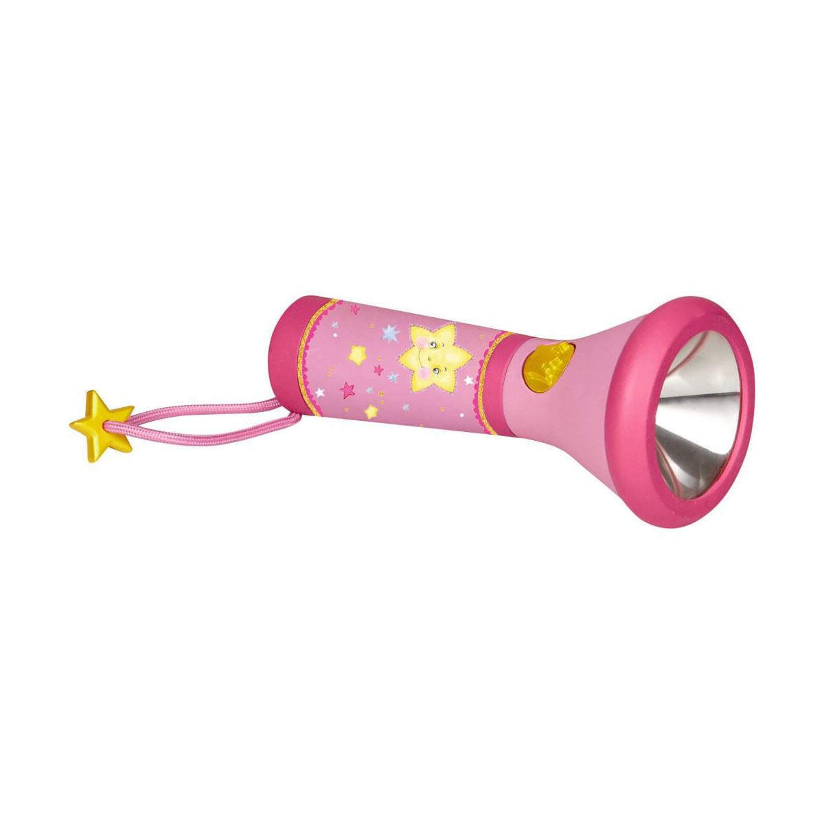 Rosa Kinder-Taschenlampe mit Sternmotiven und gelbem Sternanhänger am Griffband.