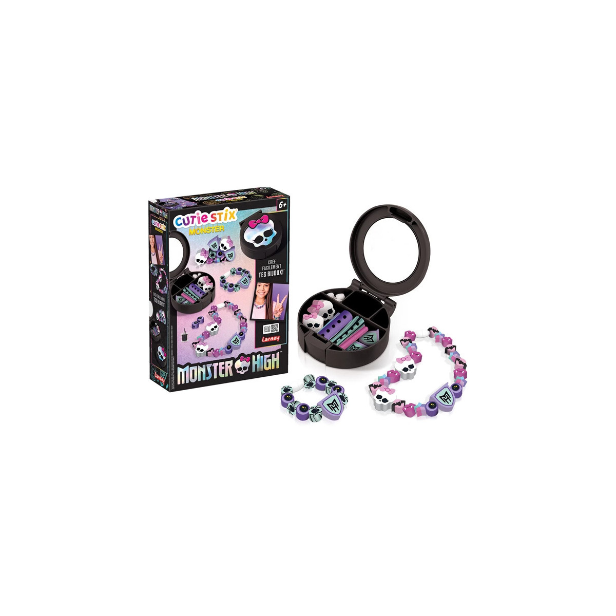 Monster High Cutie Stix Schmuckset mit Box, Werkzeugen, Perlen und fertigen Armbändern.