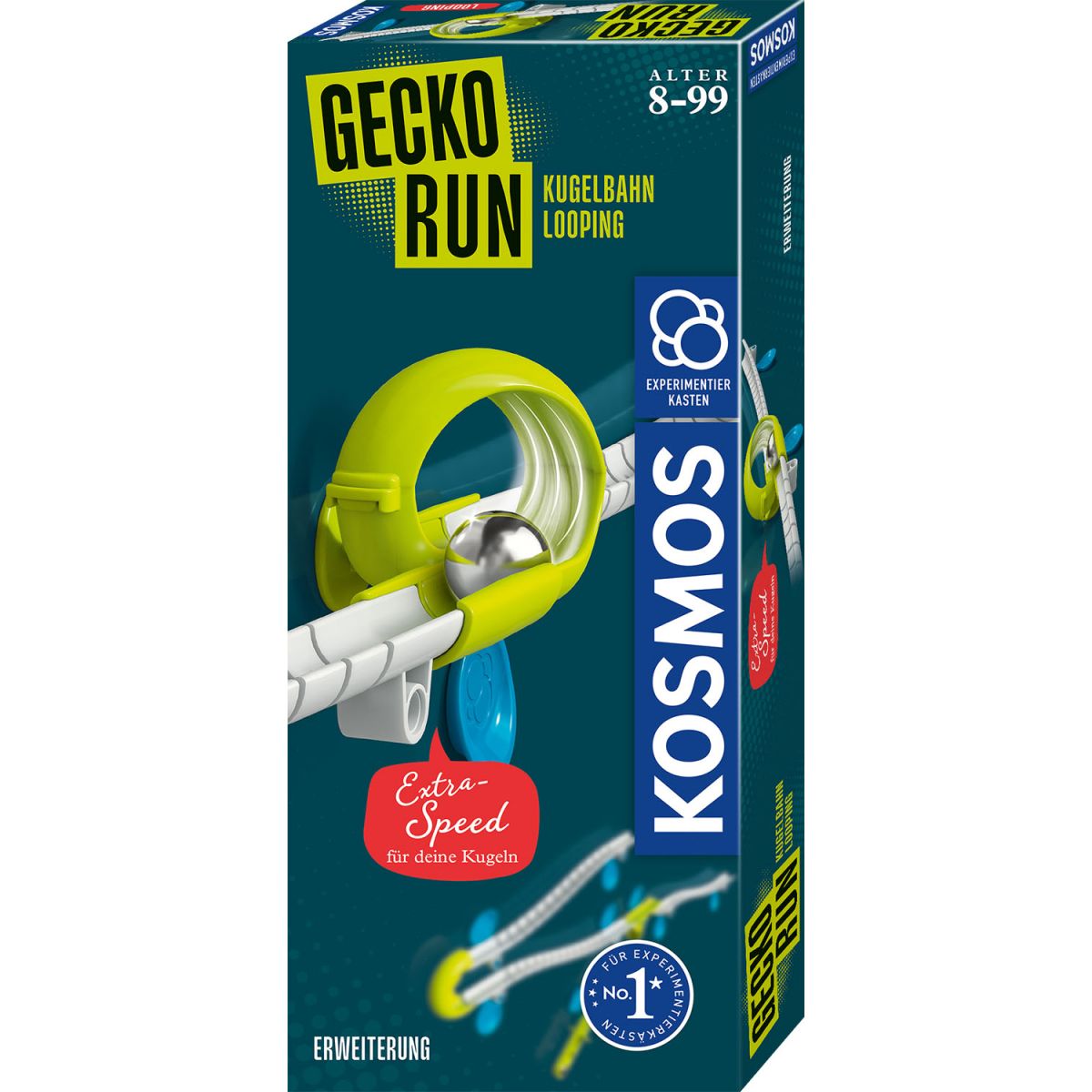 Kosmos Gecko Run Kugelbahn mit grünem Looping und silberner Kugel – spannendes Spielzeug für Kinder.