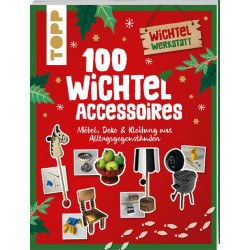 img_0:Rotes Buchcover „100 Wichtel Accessoires“ mit illustrierten, festlichen Bastelideen und Dekorationen.
