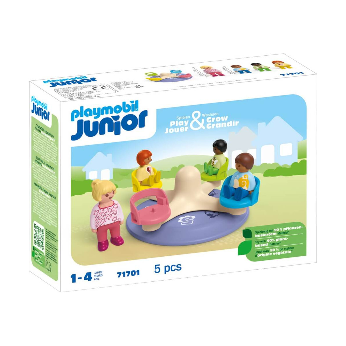 Playmobil Junior-Set mit Karussell und vier verschiedenen Kinderfiguren für den Spielplatz.