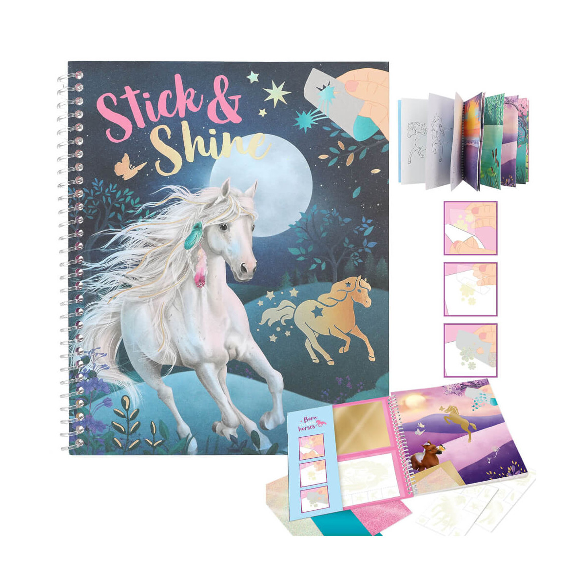 Spiralgebundenes Einhorn-Mitmachbuch mit Stickern und Folien, geöffnet und geschlossen abgebildet.