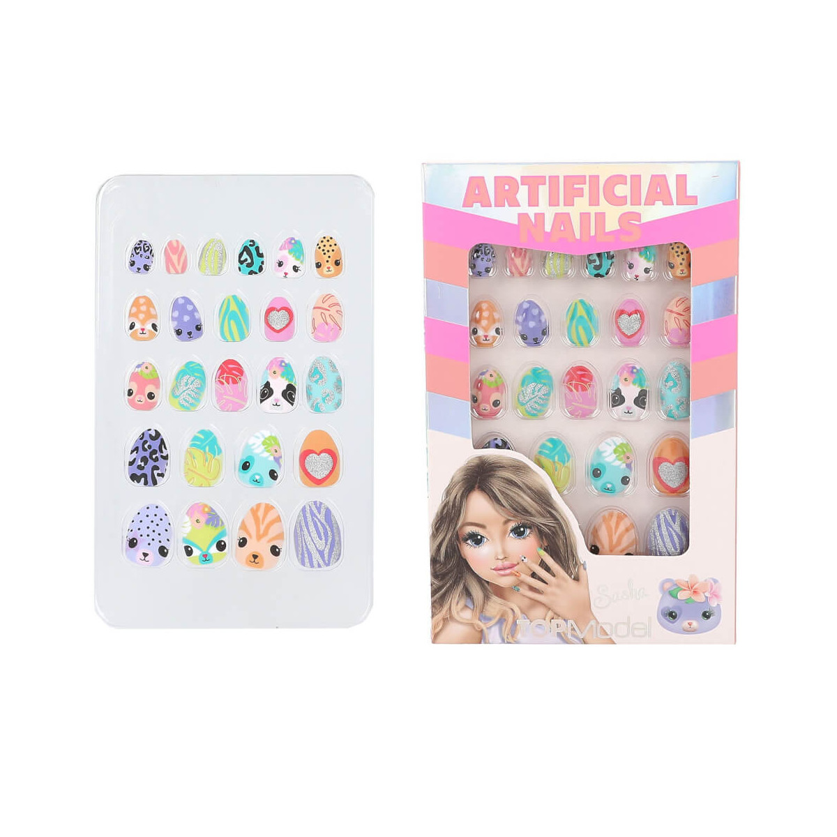 Bunte Kunstnägel mit verspielten Designs auf einem Tablett und in einer Box mit Cartoon-Mädchen gezeigt.