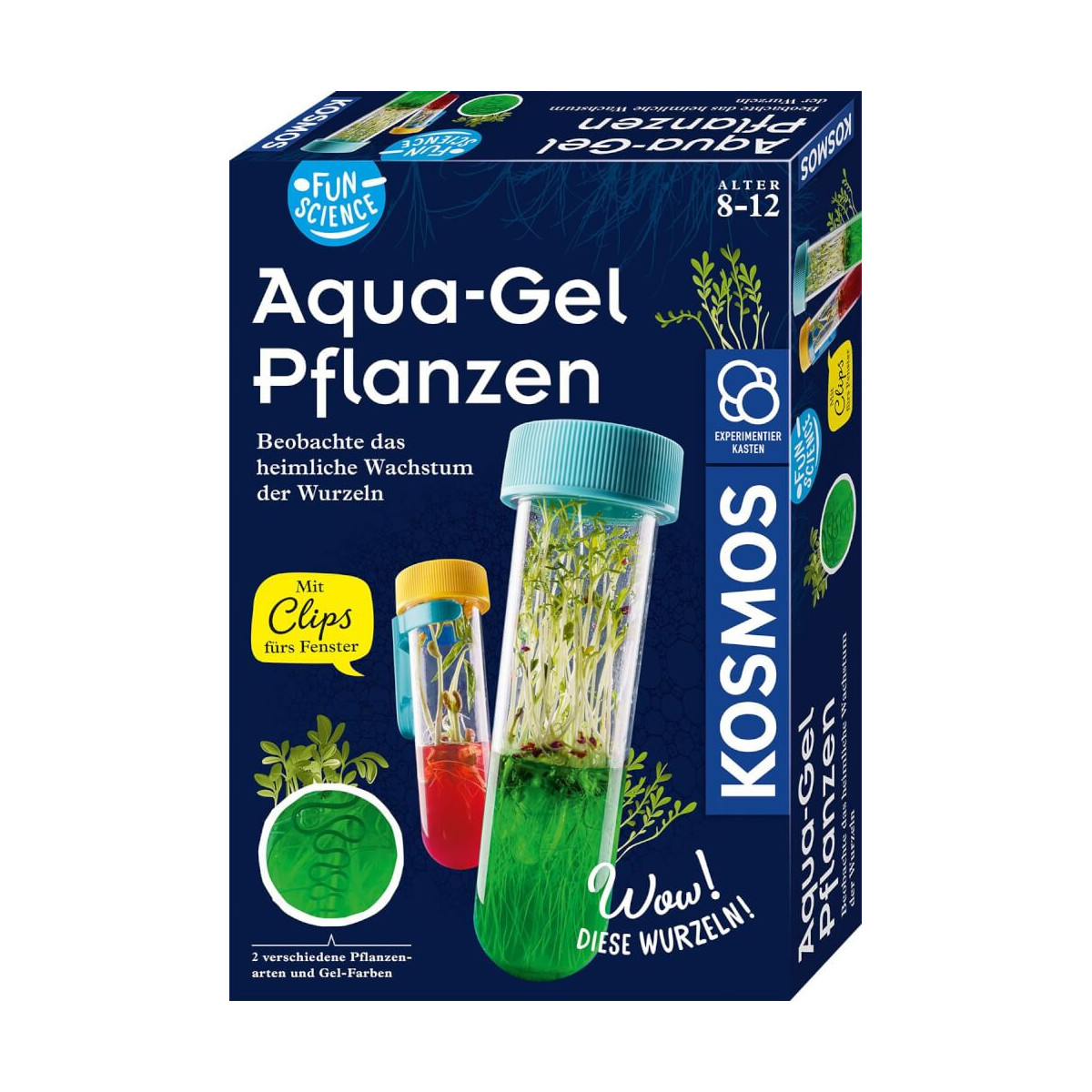 Box mit Aqua-Gel Pflanzen-Set mit Reagenzgläsern, in denen Pflanzen in grünem und rotem Gel wachsen.