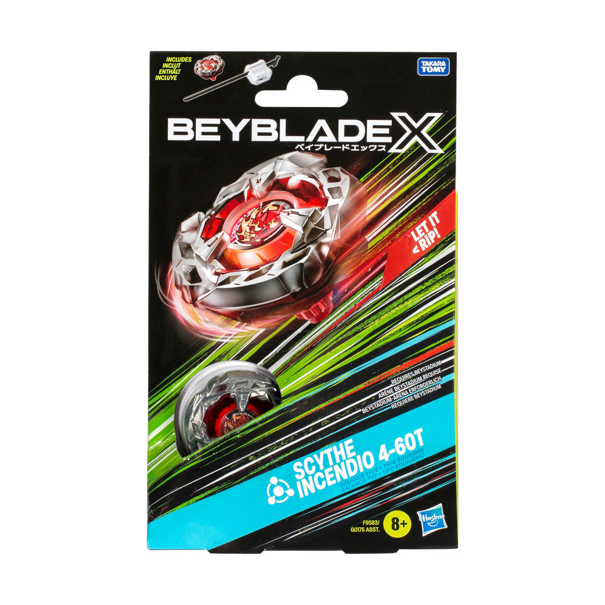 Beyblade X Scythe Incendio 4-60T Spielset mit Kreisel und Launcher abgebildet.