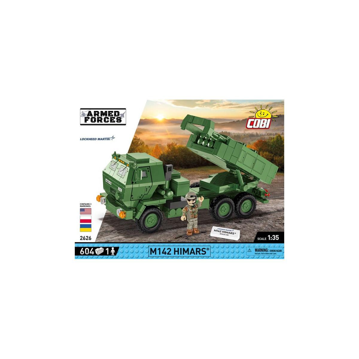 Cobi M142 HIMARS Set: Enthält ein grünes Militärfahrzeug zum Zusammenbauen und eine Soldatenfigur.