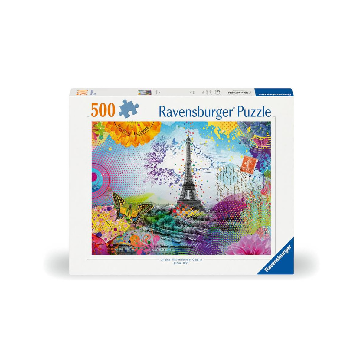Ravensburger Puzzle mit 500 Teilen: Buntes Eiffelturm-Motiv mit Schmetterlingen und Blumen.