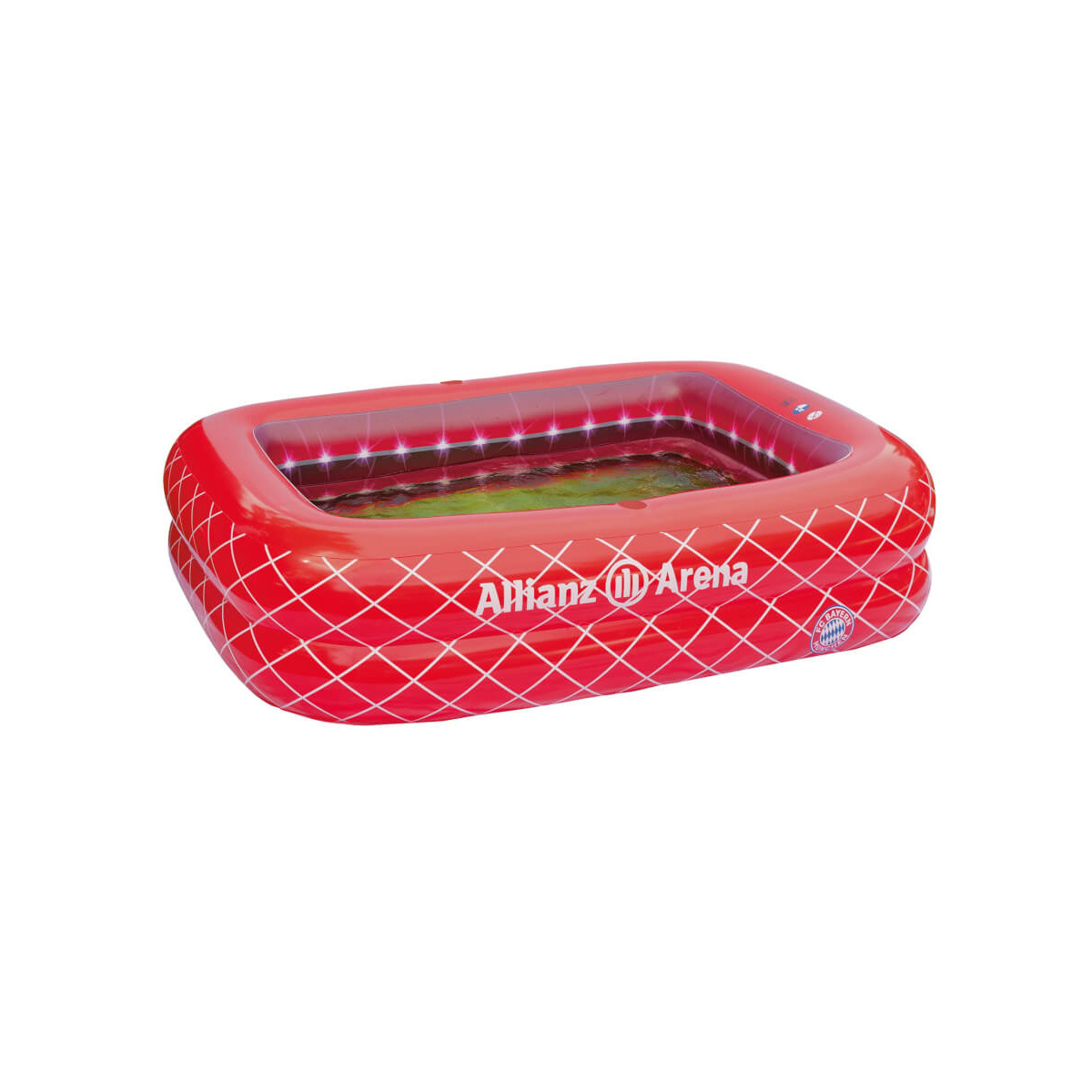Roter aufblasbarer Pool mit weißem Muster, stadionförmig, beschriftet mit „Allianz Arena“.