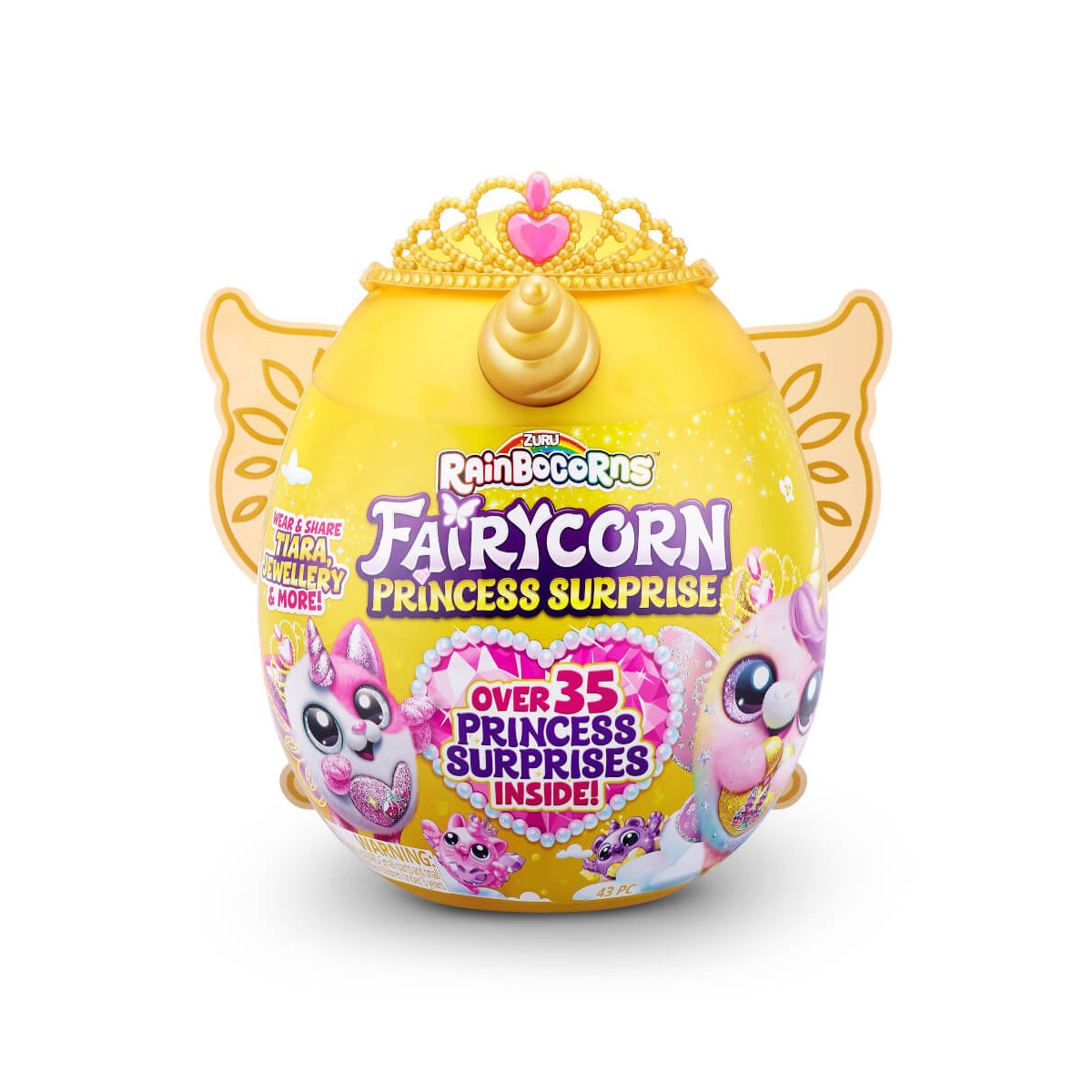 Gelbes Rainbocorns Fairycorn Princess Surprise Ei mit Krone und Flügeldeko.