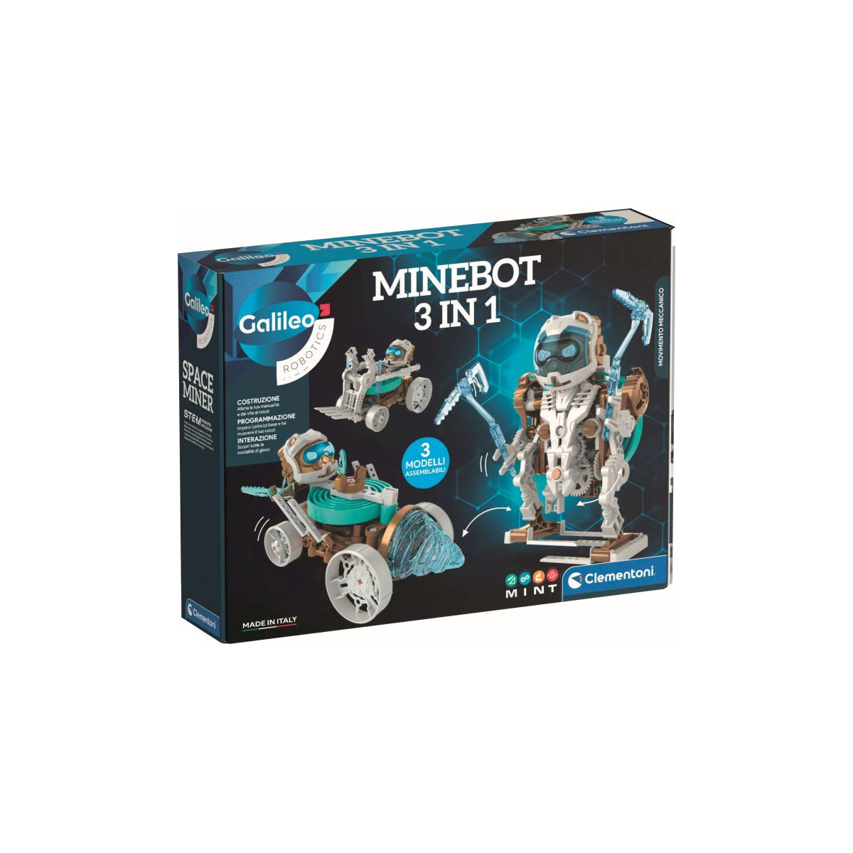 Galileo Minebot 3-in-1: Bausatz mit drei auf der Verpackung abgebildeten, separat montierbaren Robotermodellen.