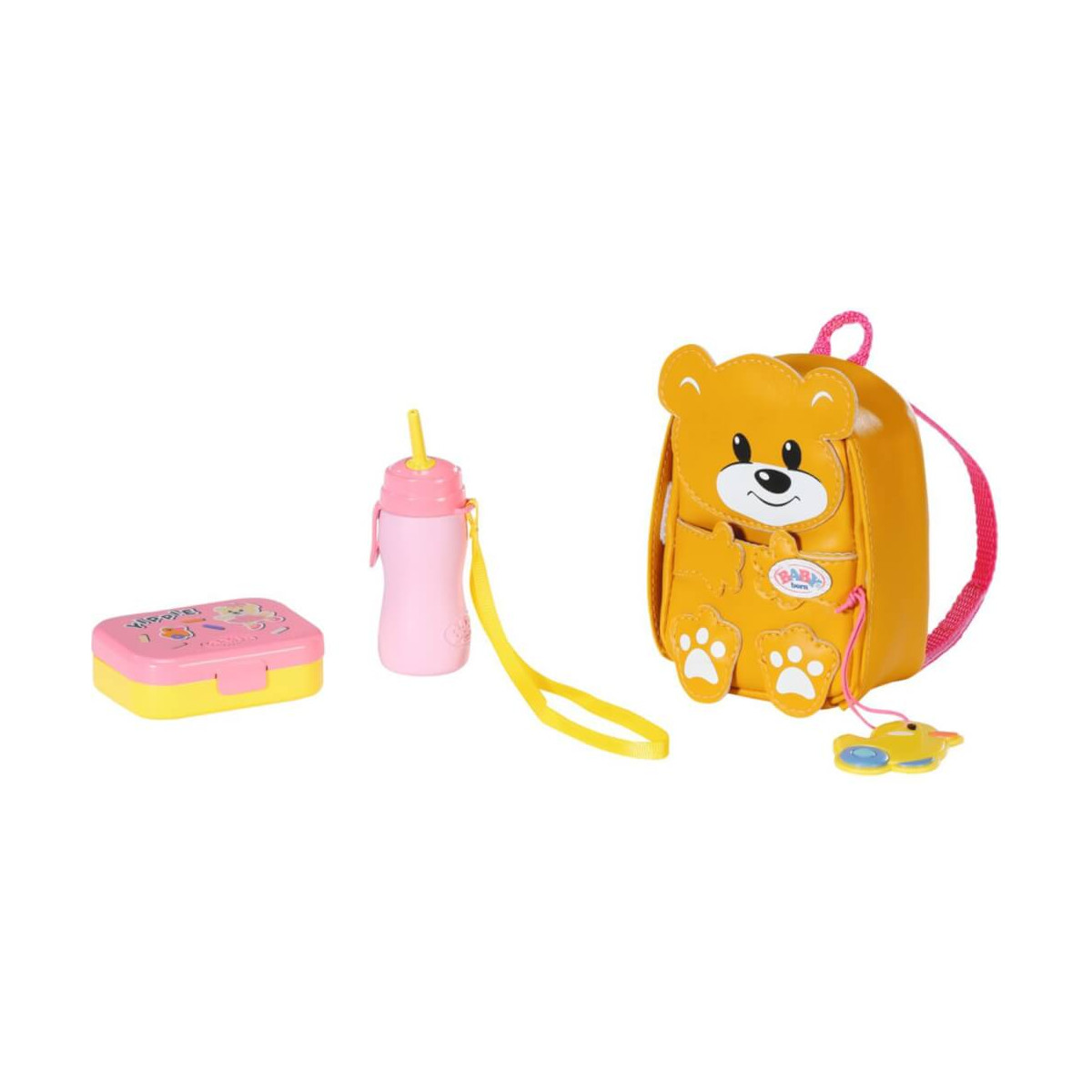 Spiel-Lunchset mit Bärenrucksack, pinker Trinkflasche, Brotdose und gelbem Schlüsselanhänger.