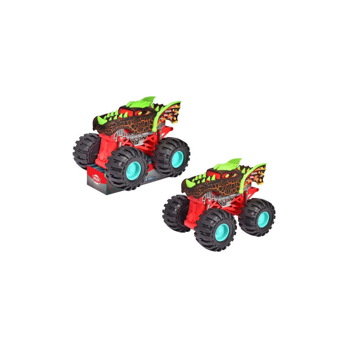 Zwei Spielzeug-Monstertrucks mit roten Karosserien, grünen Rädern und Dinosaurier-Designs auf weißem Hintergrund.