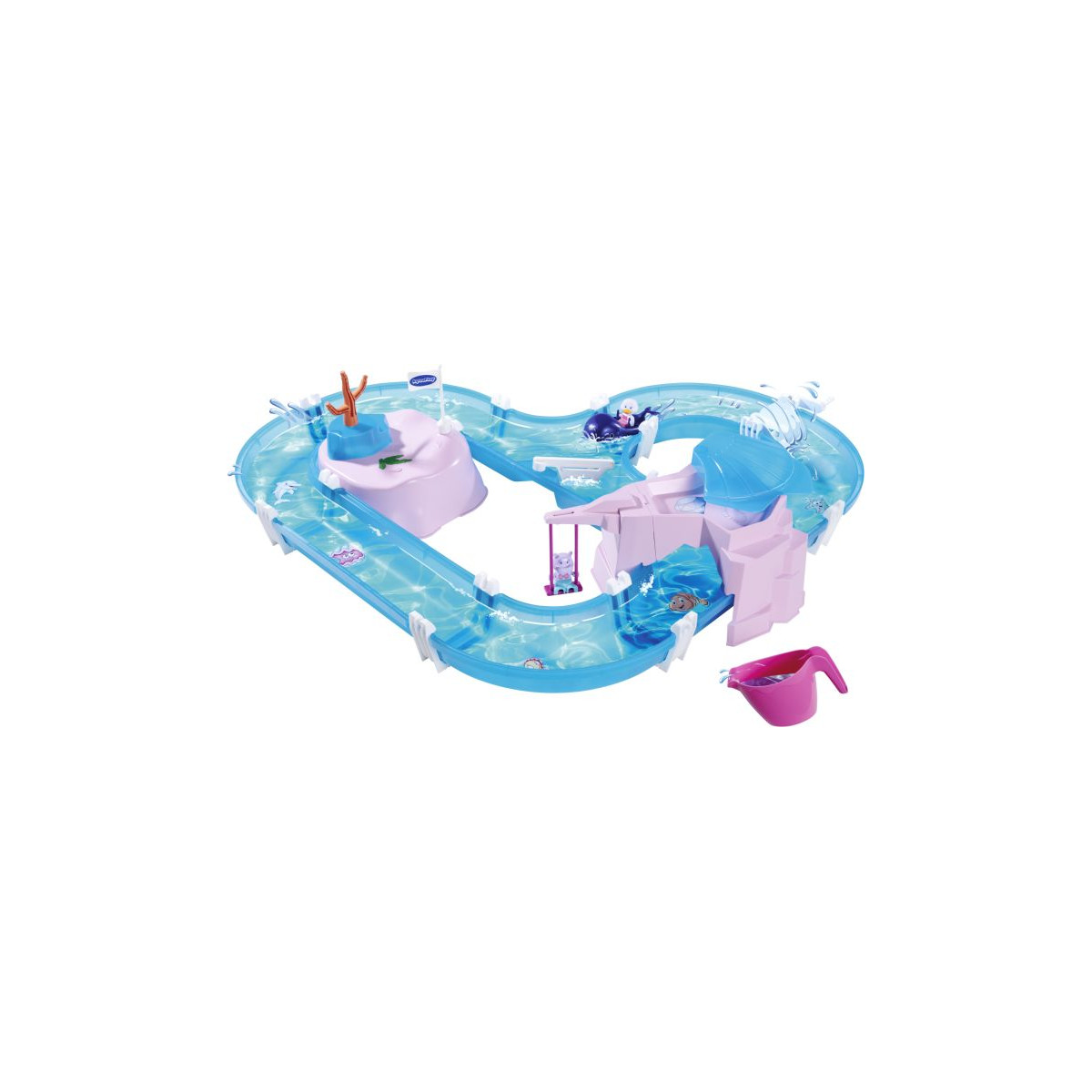 Blau-lila Miniatur-Wasserspielset mit Rutschen, Rampen und Zubehör vor weißem Hintergrund.