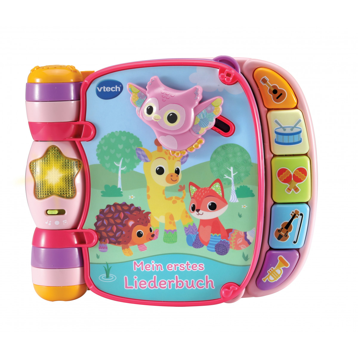 Farbenfrohes VTech-Musikbuch für Kinder mit Tierillustrationen und Tasten für Musikinstrumente.