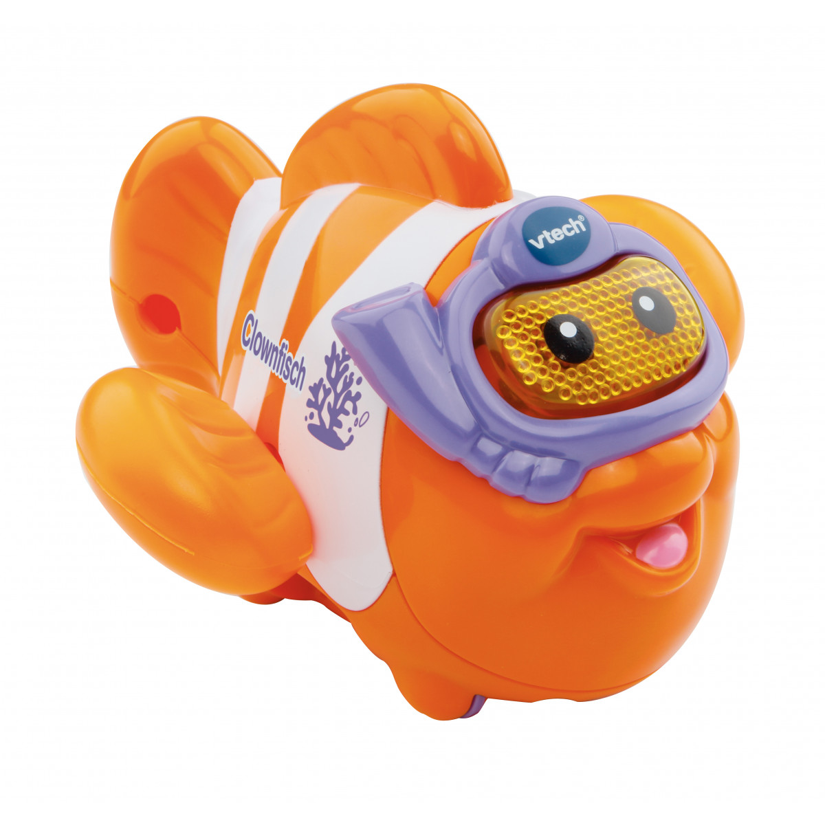 Oranger Spielzeug-Clownfisch mit lila Schnorchelmaske, weißen Streifen und breitem Lächeln.