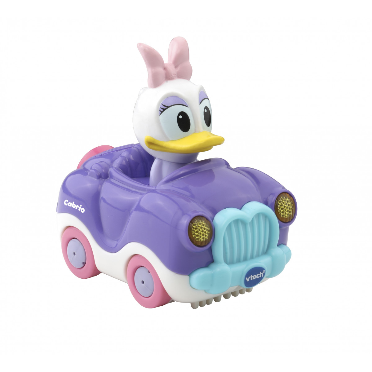 Spielzeugauto mit Daisy Duck Figur in Lila/Pink, Schleife am Kopf und vtech-Logo am Kühlergrill.