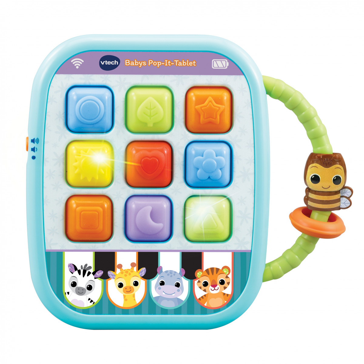Buntes Baby-Tablet mit Tiergesichtern, großen Tasten und seitlichem Bienen-Griff.