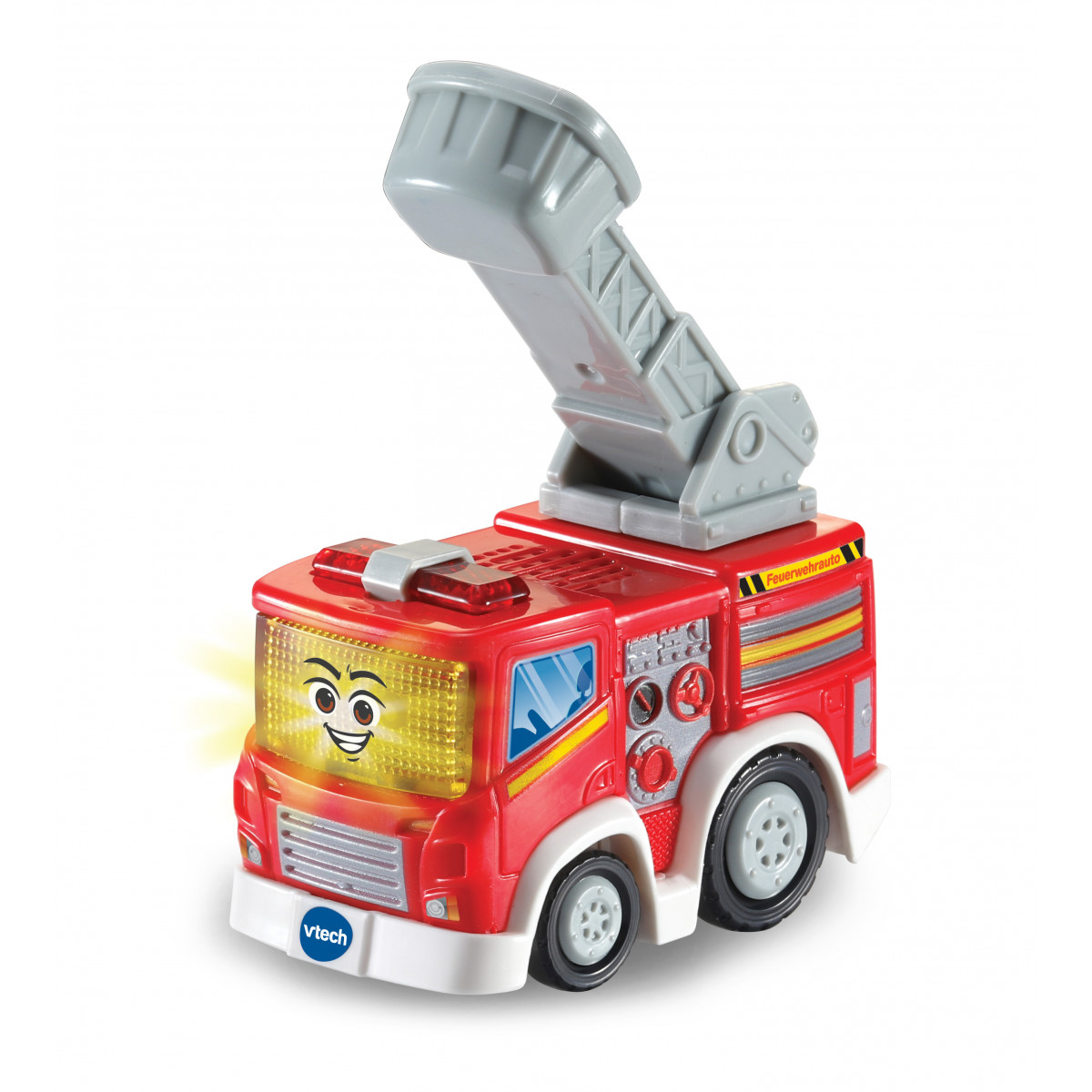 Rotes Spielzeug-Feuerwehrauto mit lächelndem Gesicht, hochgeklappter grauer Leiter und gelben Scheinwerfern.