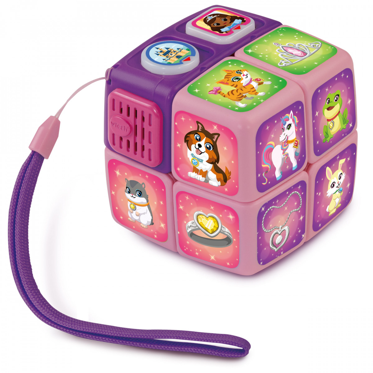 Würfelförmiges Spielzeug in Pink und Lila mit Tiermotiven, Zubehörabbildungen und lilanem Trageband.