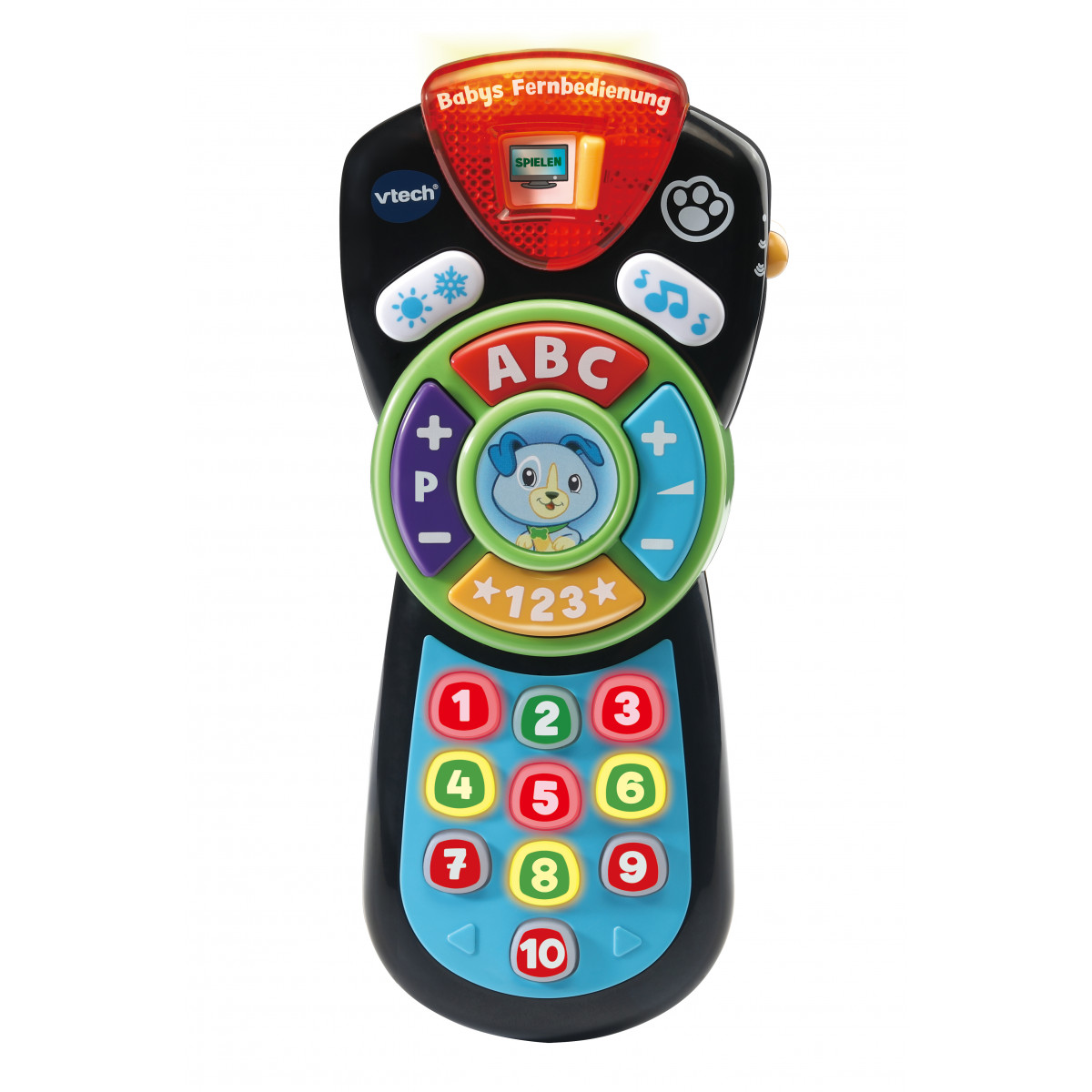 Bunte Spielzeugfernbedienung mit Tasten für Zahlen, Buchstaben, Musik und Tiersymbole.