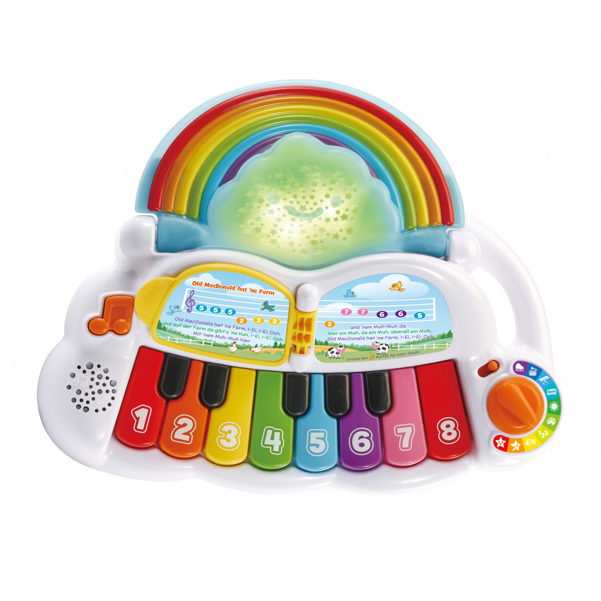 Buntes Kinderspielzeug-Klavier mit Regenbogenfarben, nummerierten Tasten, Leuchtzentrum und Musiktasten.
