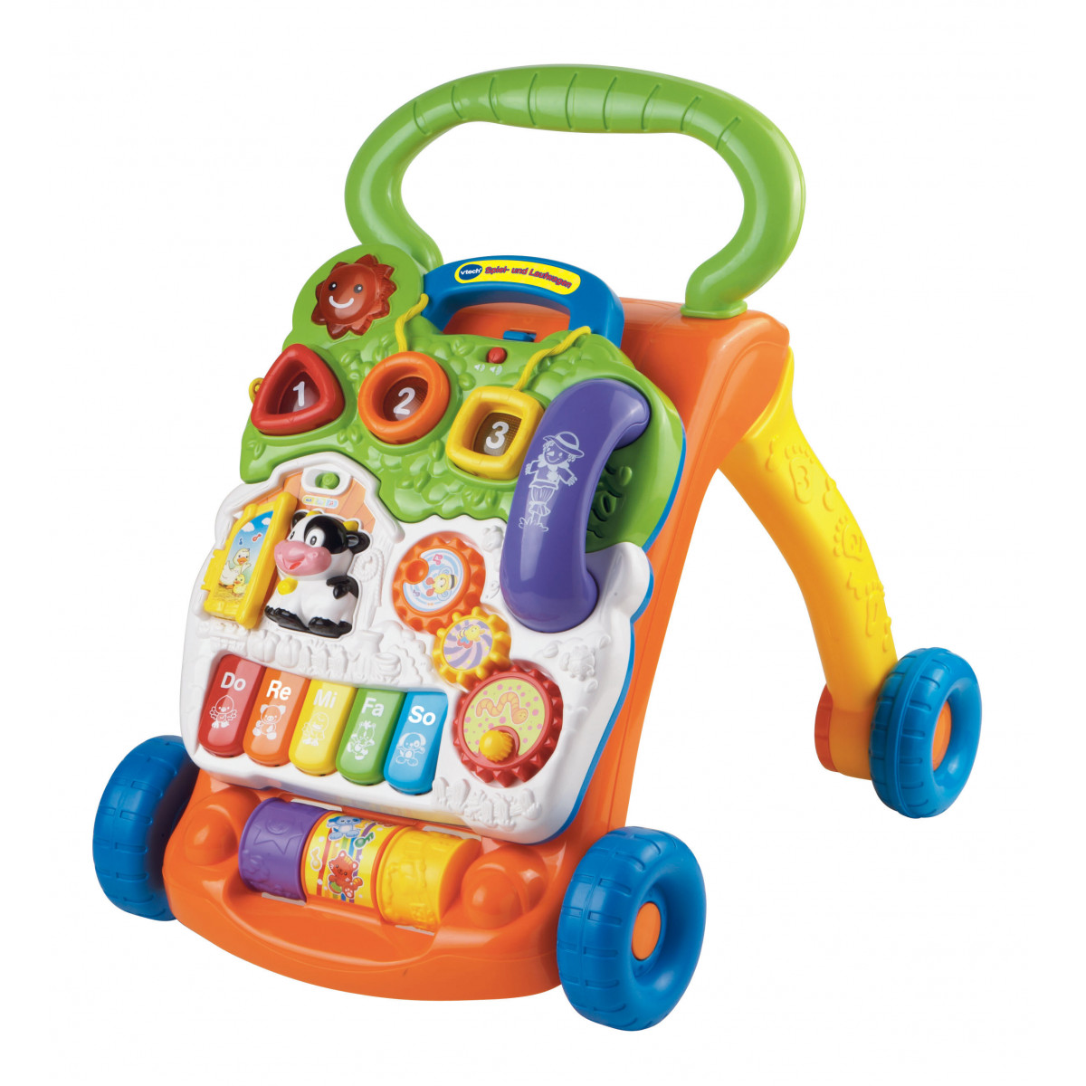 Bunter Baby-Walker mit interaktiven Tasten, Spieltelefon, Klaviertasten und vier blauen Rädern.