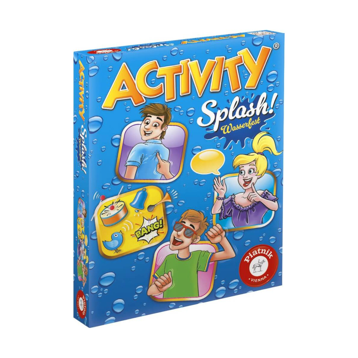 Blue Activity Splash!: Brettspiel mit Cartoon-Figuren, die von Wasserballons getroffen werden.