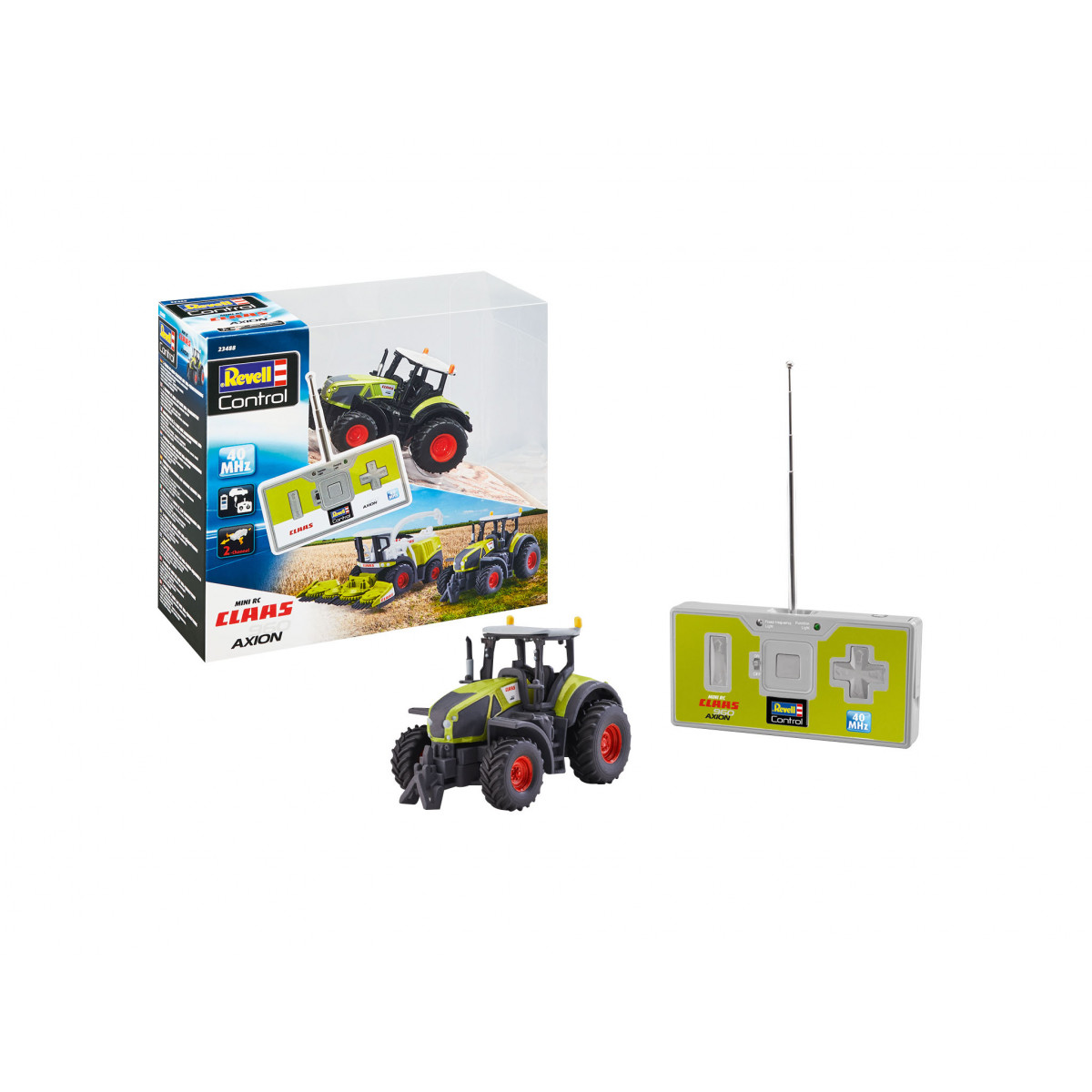 Ferngesteuerter CLAAS-Traktor mit Controller neben farbenfroher Verpackung abgebildet.